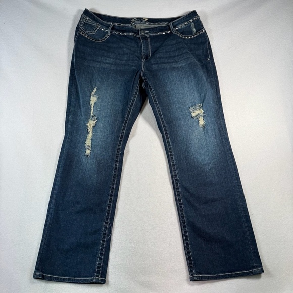 Seven 7 Jeans Womens 24 Blue Bootcut Mid Rise Dark Wash Stretch Distressed - Picture 1 of 12